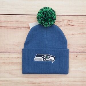 Seattle Seahawks Hat Cap Beanie One Size Blue Green NFL Football‎ Pom Mens NEW